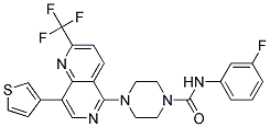 N-(3-FLUOROPHENYL)-4-[8-(3-THIENYL)-2-(TRIFLUOROMETHYL)-1,6-NAPHTHYRIDIN-5-YL]PIPERAZINE-1-CARBOXAMIDE Struktur