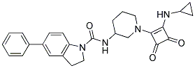 N-(1-[2-(CYCLOPROPYLAMINO)-3,4-DIOXOCYCLOBUT-1-EN-1-YL]PIPERIDIN-3-YL)-5-PHENYLINDOLINE-1-CARBOXAMIDE Struktur