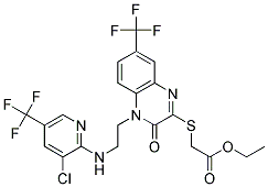 Ethyl 2-((4-(2-((3-chloro-5-(trifluoromethyl)-2-pyridinyl)amino)ethyl)-3-oxo-7-(trifluoromethyl)-3,4-dihydro-2-quinoxalinyl)sulfanyl)acetate Struktur