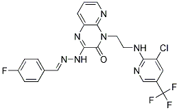 4-Fluorobenzenecarbaldehyde N-(4-(2-((3-chloro-5-(trifluoromethyl)-2-pyridinyl)amino)ethyl)-3-oxo-3,4-dihydropyrido[2,3-b]pyrazin-2-yl)hydrazone Struktur