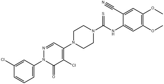 4-[5-CHLORO-1-(3-CHLOROPHENYL)-6-OXO-1,6-DIHYDRO-4-PYRIDAZINYL]-N-(2-CYANO-4,5-DIMETHOXYPHENYL)TETRAHYDRO-1(2H)-PYRAZINECARBOTHIOAMIDE Struktur