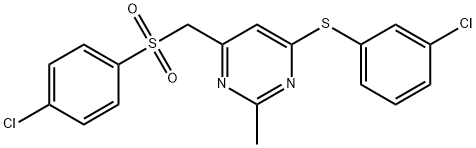 4-CHLOROPHENYL (6-[(3-CHLOROPHENYL)SULFANYL]-2-METHYL-4-PYRIMIDINYL)METHYL SULFONE Struktur