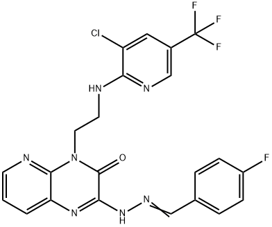 4-FLUOROBENZENECARBALDEHYDE N-[4-(2-([3-CHLORO-5-(TRIFLUOROMETHYL)-2-PYRIDINYL]AMINO)ETHYL)-3-OXO-3,4-DIHYDROPYRIDO[2,3-B]PYRAZIN-2-YL]HYDRAZONE Struktur