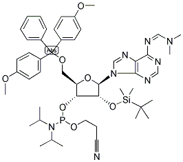 N6 -(DIMETHYLAMINO)METHYLENE)-5'-O-(DIMETHOXYTRITYL)-2'-O-(T-BUTYLDIMETHYLSILYL)-ADENOSINE-3'-N,N- DIISOPROPYL (CYANOETHYL)PHOSPHORAMIDITE Struktur