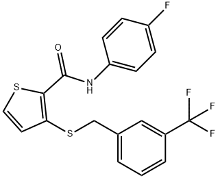 N-(4-FLUOROPHENYL)-3-([3-(TRIFLUOROMETHYL)BENZYL]SULFANYL)-2-THIOPHENECARBOXAMIDE Struktur