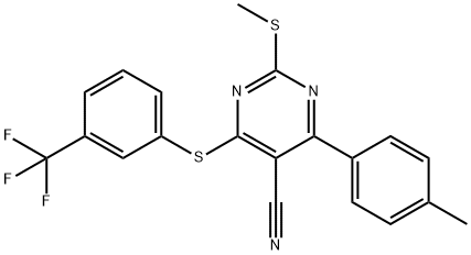 4-(4-METHYLPHENYL)-2-(METHYLSULFANYL)-6-([3-(TRIFLUOROMETHYL)PHENYL]SULFANYL)-5-PYRIMIDINECARBONITRILE Struktur