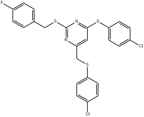 4-CHLOROPHENYL (6-[(4-CHLOROPHENYL)SULFANYL]-2-[(4-FLUOROBENZYL)SULFANYL]-4-PYRIMIDINYL)METHYL SULFIDE Struktur