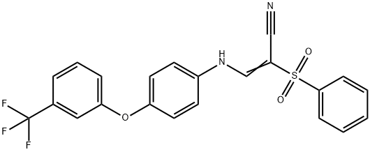 2-(PHENYLSULFONYL)-3-((4-(3-(TRIFLUOROMETHYL)PHENOXY)PHENYL)AMINO)PROP-2-ENENITRILE Struktur