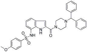 1-DIPHENYLMETHYL-4-[(7-[((4-METHOXYPHENYL)SULPHONYL)AMINO]-(1H)-INDOL-2-YL)CARBONYL]PIPERAZINE Struktur