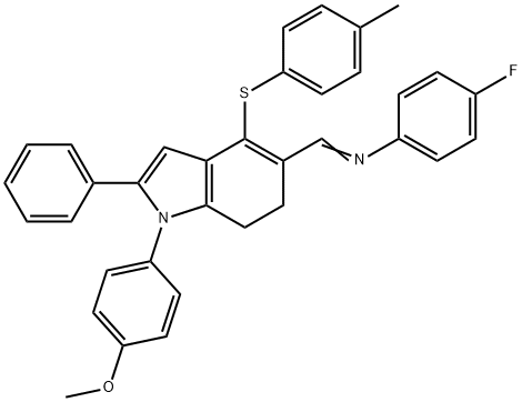 4-FLUORO-N-((E)-(1-(4-METHOXYPHENYL)-4-[(4-METHYLPHENYL)SULFANYL]-2-PHENYL-6,7-DIHYDRO-1H-INDOL-5-YL)METHYLIDENE)ANILINE Struktur