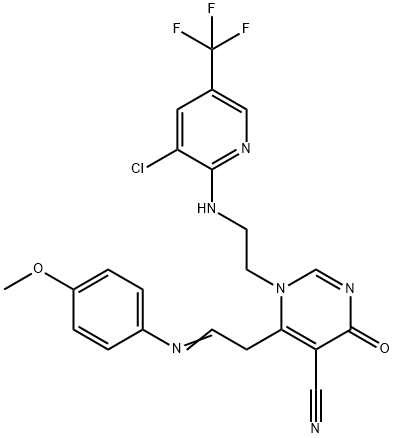 1-(2-([3-CHLORO-5-(TRIFLUOROMETHYL)-2-PYRIDINYL]AMINO)ETHYL)-6-(2-[(4-METHOXYPHENYL)IMINO]ETHYL)-4-OXO-1,4-DIHYDRO-5-PYRIMIDINECARBONITRILE Struktur