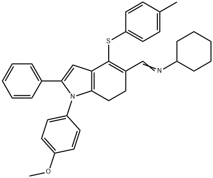 N-((E)-(1-(4-METHOXYPHENYL)-4-[(4-METHYLPHENYL)SULFANYL]-2-PHENYL-6,7-DIHYDRO-1H-INDOL-5-YL)METHYLIDENE)CYCLOHEXANAMINE Struktur