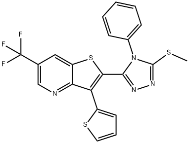 2-[5-(METHYLSULFANYL)-4-PHENYL-4H-1,2,4-TRIAZOL-3-YL]-3-(2-THIENYL)-6-(TRIFLUOROMETHYL)THIENO[3,2-B]PYRIDINE Struktur