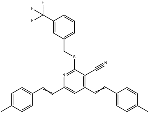 4,6-BIS(4-METHYLSTYRYL)-2-([3-(TRIFLUOROMETHYL)BENZYL]SULFANYL)NICOTINONITRILE Struktur