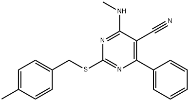 4-(METHYLAMINO)-2-[(4-METHYLBENZYL)SULFANYL]-6-PHENYL-5-PYRIMIDINECARBONITRILE Struktur