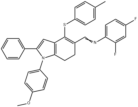 2,4-DIFLUORO-N-((E)-(1-(4-METHOXYPHENYL)-4-[(4-METHYLPHENYL)SULFANYL]-2-PHENYL-6,7-DIHYDRO-1H-INDOL-5-YL)METHYLIDENE)ANILINE Struktur