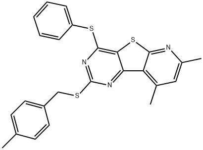 7,9-DIMETHYL-2-[(4-METHYLBENZYL)SULFANYL]-4-(PHENYLSULFANYL)PYRIDO[3',2':4,5]THIENO[3,2-D]PYRIMIDINE Struktur