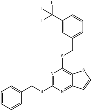 2-(BENZYLSULFANYL)-4-([3-(TRIFLUOROMETHYL)BENZYL]SULFANYL)THIENO[3,2-D]PYRIMIDINE Struktur