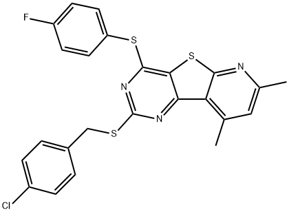 2-[(4-CHLOROBENZYL)SULFANYL]-4-[(4-FLUOROPHENYL)SULFANYL]-7,9-DIMETHYLPYRIDO[3',2':4,5]THIENO[3,2-D]PYRIMIDINE Struktur