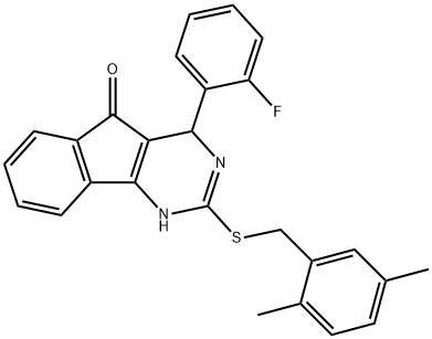 2-[(2,5-DIMETHYLBENZYL)SULFANYL]-4-(2-FLUOROPHENYL)-1,4-DIHYDRO-5H-INDENO[1,2-D]PYRIMIDIN-5-ONE Struktur