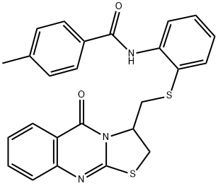 4-METHYL-N-(2-([(5-OXO-2,3-DIHYDRO-5H-[1,3]THIAZOLO[2,3-B]QUINAZOLIN-3-YL)METHYL]SULFANYL)PHENYL)BENZENECARBOXAMIDE Struktur