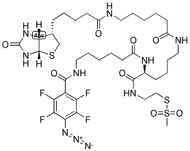 2-[(N2-[N6-(4-AZIDO-2,3,5,6-TETRAFLUOROBENZOYL)-6-AMINOCAPROYL]-N6-(6-BIOTINAMIDOCAPROYL)-L-LYSINYLAMIDO)]ETHYL METHANETHIOSULFONATE Struktur