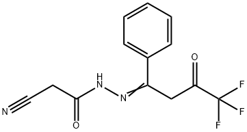 2-CYANO-N'-[(E)-4,4,4-TRIFLUORO-3-OXO-1-PHENYLBUTYLIDENE]ACETOHYDRAZIDE Struktur