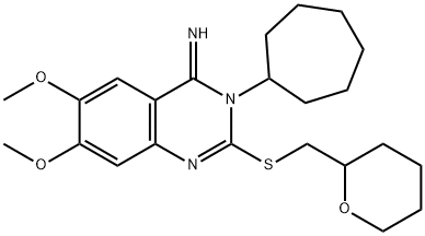 3-CYCLOHEPTYL-6,7-DIMETHOXY-2-[(TETRAHYDRO-2H-PYRAN-2-YLMETHYL)SULFANYL]-4(3H)-QUINAZOLINIMINE Struktur