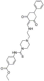 ETHYL 4-(4-(2-((2,6-DIOXO-4-PHENYLCYCLOHEXYLIDENE)METHYLAMINO)ETHYL)PIPERAZINE-1-CARBOTHIOAMIDO)BENZOATE Struktur