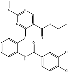 ETHYL 4-((2-[(3,4-DICHLOROBENZOYL)AMINO]PHENYL)SULFANYL)-2-(METHYLSULFANYL)-5-PYRIMIDINECARBOXYLATE Struktur