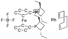 (-)-1,1'-BIS(2S,4S)-(2,4-DIETHYLPHOSPHONATO)FERROCENE(1,5-CYCLOOCTADIENE)RHODIUM(I) TETRAFLUOROBORATE Struktur