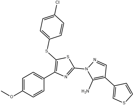 1-[5-[(4-CHLOROPHENYL)SULFANYL]-4-(4-METHOXYPHENYL)-1,3-THIAZOL-2-YL]-4-(3-THIENYL)-1H-PYRAZOL-5-AMINE Struktur