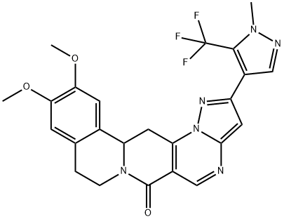 11,12-DIMETHOXY-2-[1-METHYL-5-(TRIFLUOROMETHYL)-1H-PYRAZOL-4-YL]-8,9,13B,14-TETRAHYDRO-6H-PYRAZOLO[5'',1'':2',3']PYRIMIDO[4',5':4,5]PYRIDO[2,1-A]ISOQUINOLIN-6-ONE Struktur