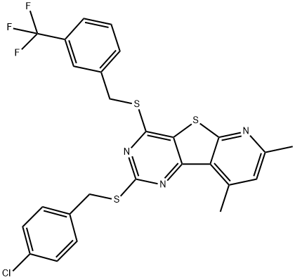 2-[(4-CHLOROBENZYL)SULFANYL]-7,9-DIMETHYL-4-([3-(TRIFLUOROMETHYL)BENZYL]SULFANYL)PYRIDO[3',2':4,5]THIENO[3,2-D]PYRIMIDINE Struktur