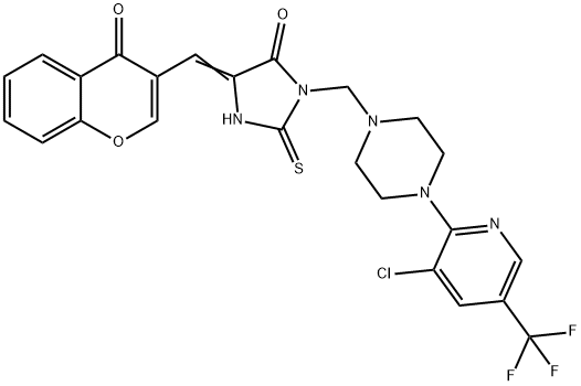 3-((4-[3-CHLORO-5-(TRIFLUOROMETHYL)-2-PYRIDINYL]PIPERAZINO)METHYL)-5-[(4-OXO-4H-CHROMEN-3-YL)METHYLENE]-2-THIOXOTETRAHYDRO-4H-IMIDAZOL-4-ONE Struktur