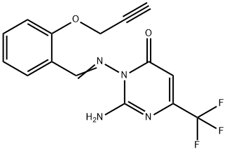 2-AMINO-3-(((E)-[2-(2-PROPYNYLOXY)PHENYL]METHYLIDENE)AMINO)-6-(TRIFLUOROMETHYL)-4(3H)-PYRIMIDINONE Struktur