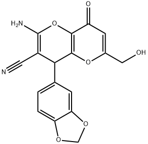 2-AMINO-4-(1,3-BENZODIOXOL-5-YL)-6-(HYDROXYMETHYL)-8-OXO-4,8-DIHYDROPYRANO[3,2-B]PYRAN-3-CARBONITRILE Struktur