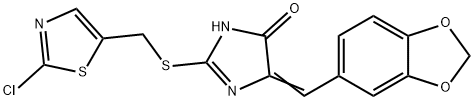 5-[(E)-1,3-BENZODIOXOL-5-YLMETHYLIDENE]-2-([(2-CHLORO-1,3-THIAZOL-5-YL)METHYL]SULFANYL)-3,5-DIHYDRO-4H-IMIDAZOL-4-ONE Struktur