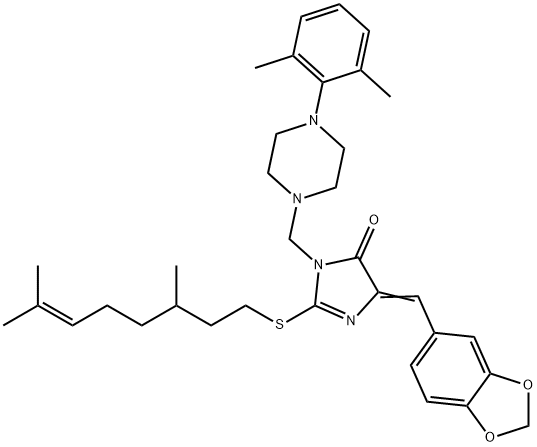 5-(1,3-BENZODIOXOL-5-YLMETHYLENE)-2-[(3,7-DIMETHYL-6-OCTENYL)SULFANYL]-3-([4-(2,6-DIMETHYLPHENYL)PIPERAZINO]METHYL)-3,5-DIHYDRO-4H-IMIDAZOL-4-ONE Struktur