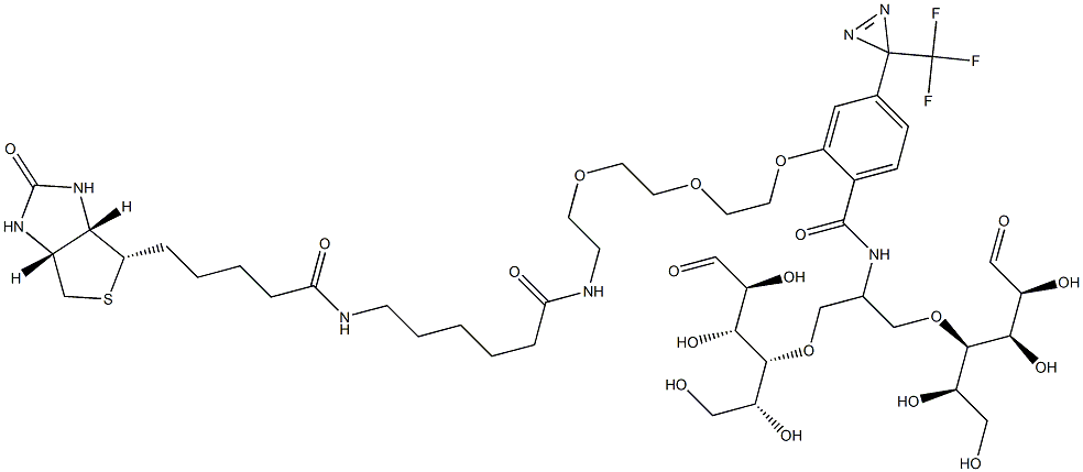 N-[2-[2-[2-[(N-BIOTINYL-CAPROYLAMINO)-ETHOXY)ETHOXYL]-4-[2-(TRIFLUOROMETHYL)-3H-DIAZIRIN-3-YL]BENZOYL]-1,3-BIS(MANNOPYRANOSYL-4-YLOXY)-2-PROPYLAMINE Struktur