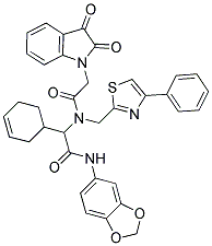 N-(BENZO[D][1,3]DIOXOL-5-YL)-2-(CYCLOHEX-3-ENYL)-2-(2-(2,3-DIOXOINDOLIN-1-YL)-N-((4-PHENYLTHIAZOL-2-YL)METHYL)ACETAMIDO)ACETAMIDE Struktur