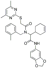 N-(BENZO[D][1,3]DIOXOL-5-YL)-2-(CYCLOHEX-3-ENYL)-2-(2-(4,6-DIMETHYLPYRIMIDIN-2-YLTHIO)-N-(2-METHYLBENZYL)ACETAMIDO)ACETAMIDE Struktur