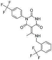 (5E)-5-(1-{[2-(TRIFLUOROMETHYL)BENZYL]AMINO}ETHYLIDENE)-1-[4-(TRIFLUOROMETHYL)PHENYL]PYRIMIDINE-2,4,6(1H,3H,5H)-TRIONE Struktur