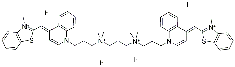 2-([1-(3-[[3-(DIMETHYL(3-[4-[(E)-(3-METHYL-1,3-BENZOTHIAZOL-3-IUM-2-YL)METHYLIDENE]-1(4H)-QUINOLINYL]PROPYL)AMMONIO)PROPYL](DIMETHYL)AMMONIO]PROPYL)-4(1H)-QUINOLINYLIDENE]METHYL)-3-METHYL-1,3-BENZOTHIAZOL-3-IUM TETRAIODIDE Struktur