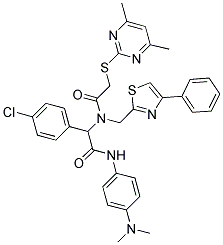 2-(4-CHLOROPHENYL)-N-(4-(DIMETHYLAMINO)PHENYL)-2-(2-(4,6-DIMETHYLPYRIMIDIN-2-YLTHIO)-N-((4-PHENYLTHIAZOL-2-YL)METHYL)ACETAMIDO)ACETAMIDE Struktur