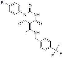 (5E)-1-(4-BROMOPHENYL)-5-(1-{[4-(TRIFLUOROMETHYL)BENZYL]AMINO}ETHYLIDENE)PYRIMIDINE-2,4,6(1H,3H,5H)-TRIONE Struktur