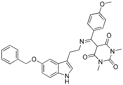 (E)-5-((2-(5-(BENZYLOXY)-1H-INDOL-3-YL)ETHYLIMINO)(4-METHOXYPHENYL)METHYL)-1,3-DIMETHYLPYRIMIDINE-2,4,6(1H,3H,5H)-TRIONE Struktur