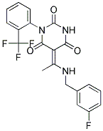 (5E)-5-{1-[(3-FLUOROBENZYL)AMINO]ETHYLIDENE}-1-[2-(TRIFLUOROMETHYL)PHENYL]PYRIMIDINE-2,4,6(1H,3H,5H)-TRIONE Struktur