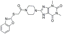 8-(4-(2-(BENZO[D]OXAZOL-2-YLTHIO)ACETYL)PIPERAZIN-1-YL)-1,3-DIMETHYL-1H-PURINE-2,6(3H,7H)-DIONE Struktur