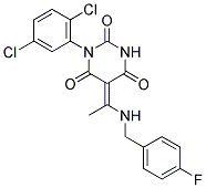 (5E)-1-(2,5-DICHLOROPHENYL)-5-{1-[(4-FLUOROBENZYL)AMINO]ETHYLIDENE}PYRIMIDINE-2,4,6(1H,3H,5H)-TRIONE Struktur